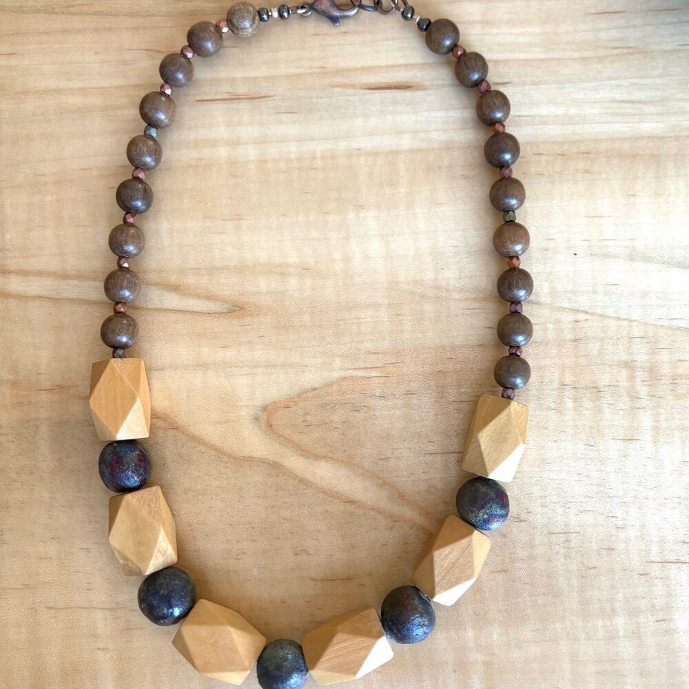 Wood & Raku Beaded Chunky Necklace Handmade